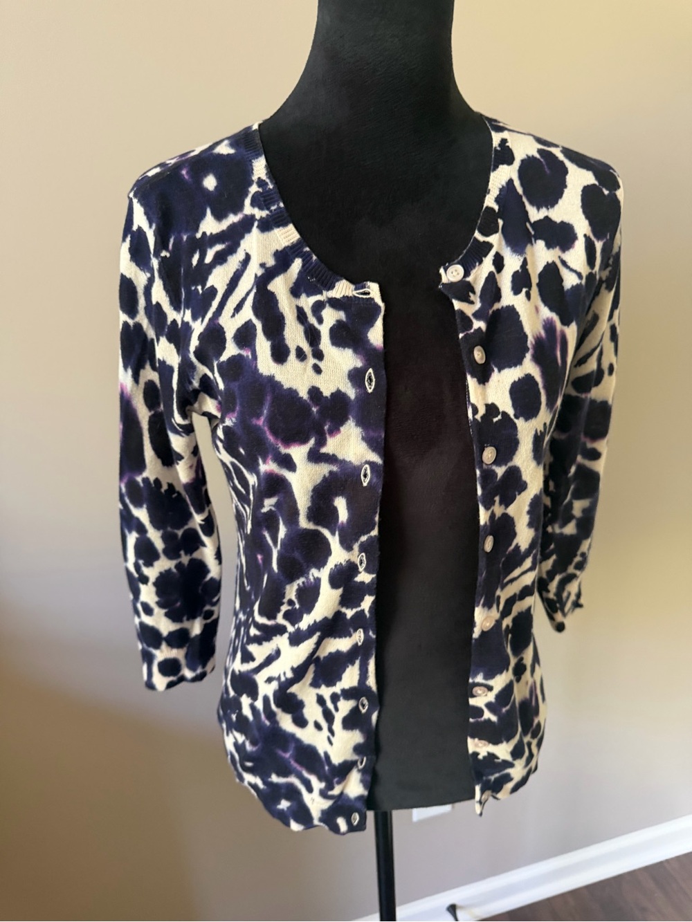 Ann Taylor Navy Purple and Cream Animal Print Button Cardigan Small